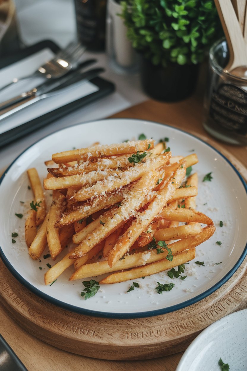 Indoor bistro plate of crispy oven fries sprinkled with grated parmesan and drizzled lightly with truffle oil, parsley flakes scattered. No text or logos.