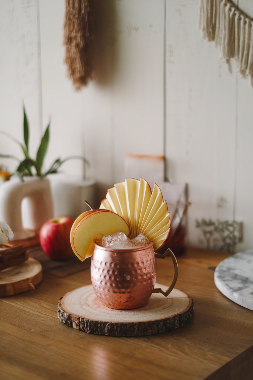 Indoor wooden table with a copper mug filled with cinnamon-apple mocktail, apple fan garnish, visible ginger beer fizz. No text or logos.