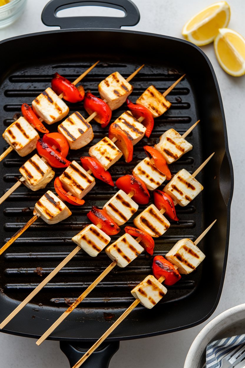 Indoor grill pan featuring skewers of halloumi cubes and red pepper glazed in fiery piri piri sauce, lemon wedges nearby. No text or logos. Photo.