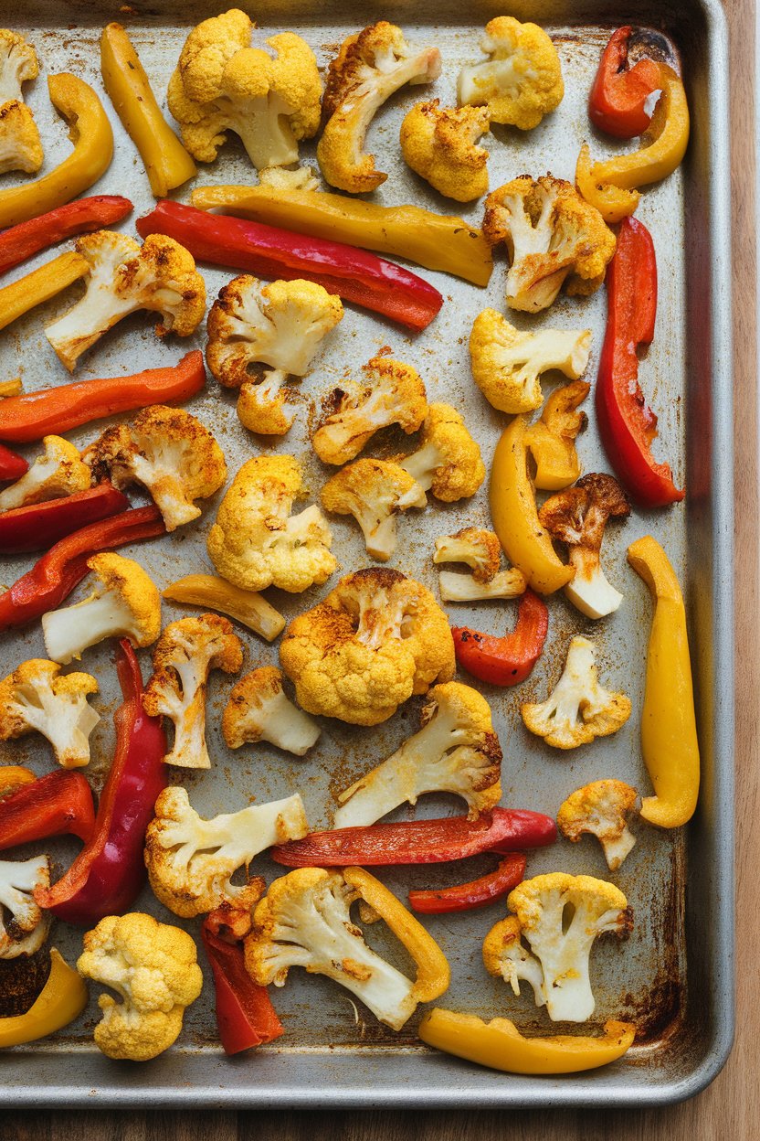 Indoor photo of golden turmeric-spiced cauliflower florets and mixed pepper strips roasted on a sheet pan. No text or logos.