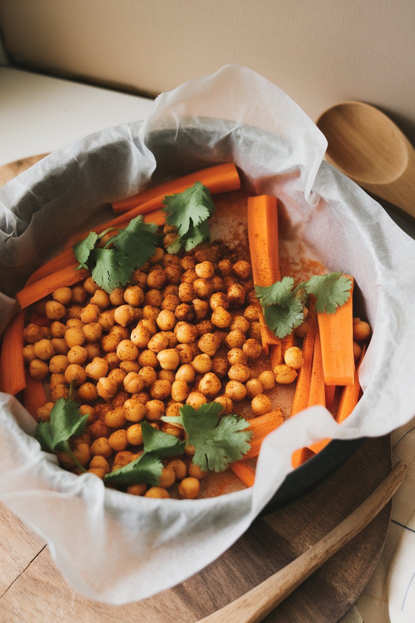 Parchment-lined pan indoors with spiced chickpeas, carrot sticks, and dried apricots, garnished with cilantro. No text or logos.