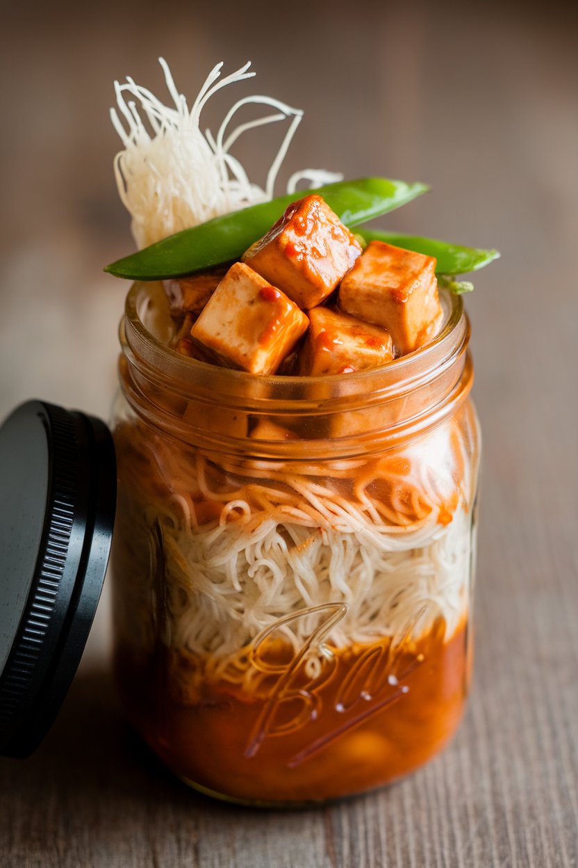 Photo indoors of rice noodles topped with sweet chili glazed tofu cubes and snow peas in a jar, no text.