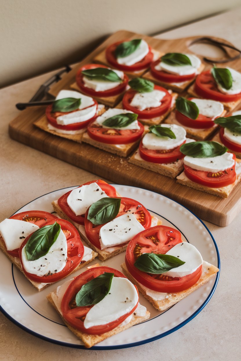 Indoor cutting board with square slices of tomato, mozzarella, and basil flatbread, no text or logos