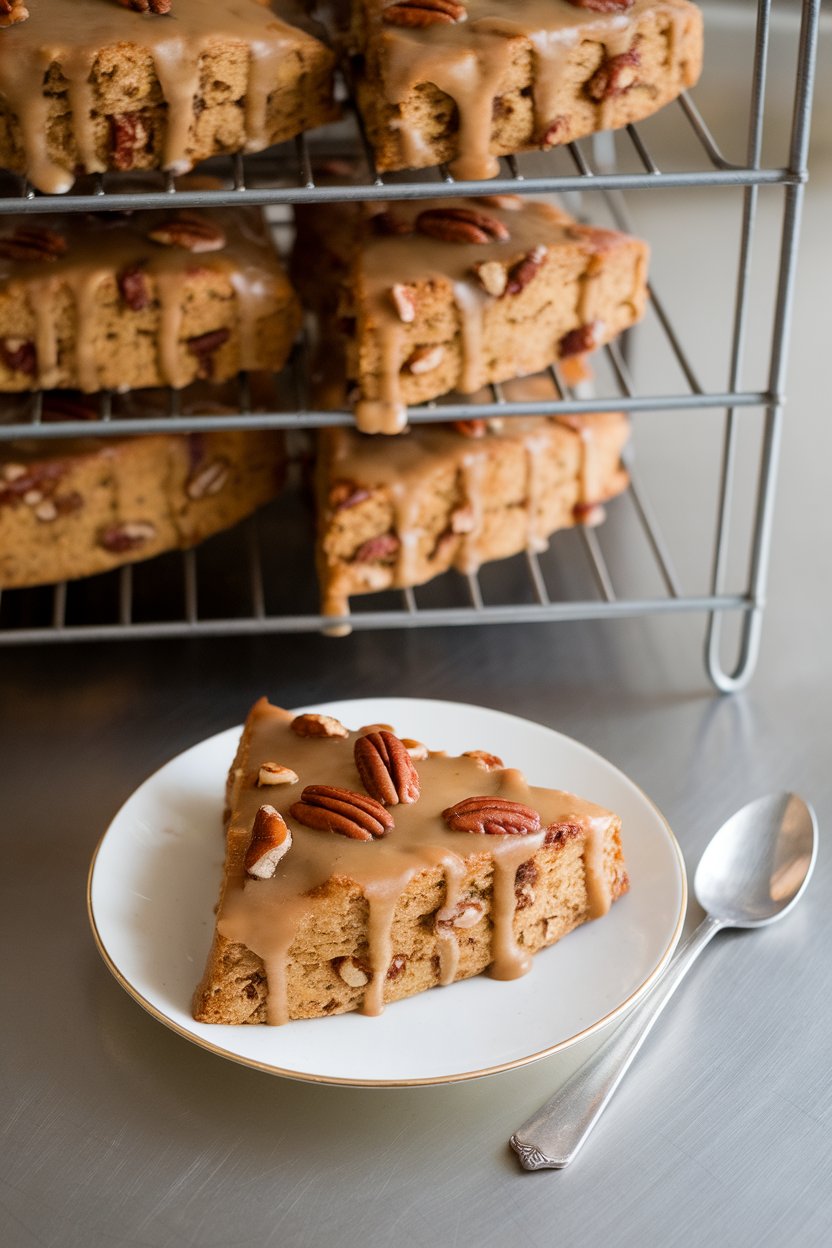 An indoor bakery rack holding triangular scones drizzled with caramel glaze and studded with pecan pieces. No text or logos. Photo.