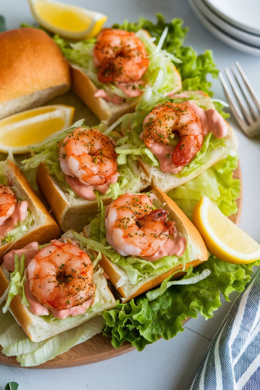 Indoor board with mini rolls stuffed with crispy Cajun-spiced shrimp, shredded lettuce, and remoulade sauce. No text or logos.