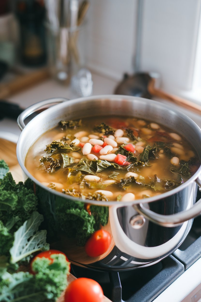 Indoor photo of a pot of broth-based soup containing white beans, kale ribbons, and diced tomatoes. No text or logos.