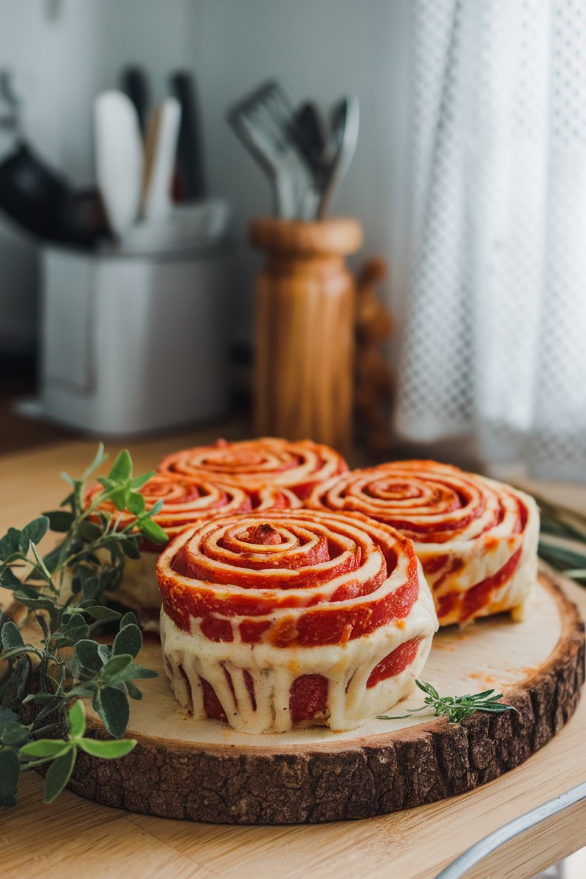 An indoor kitchen counter showing spiraled pepperoni rolls on a wooden board, cheese peeking through the layers. No text or logos. Photo, not illustration.