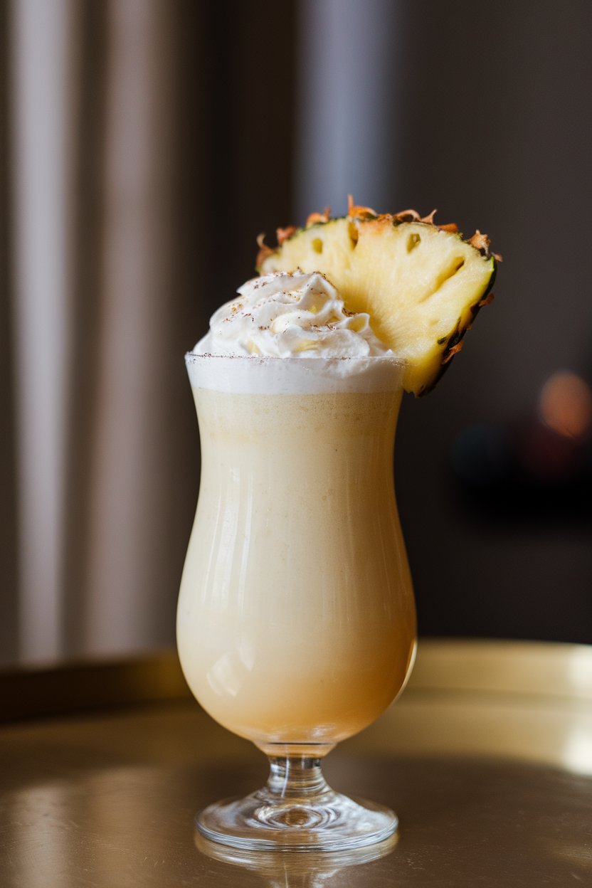 Photo of a hurricane glass indoors containing a creamy pale-yellow cocktail, topped with whipped coconut cream and a slice of candied pineapple, no text or logos