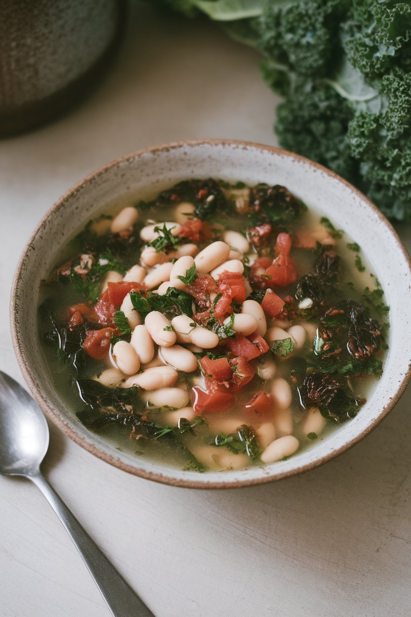 A rustic indoor bowl brimming with white beans, diced tomatoes, kale, and herbs in a light broth, with a spoon resting beside. No text or logos. Photo only.