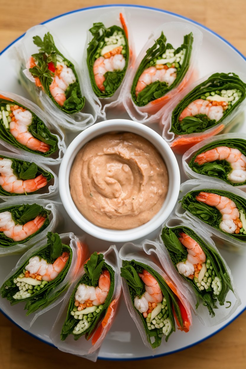 Photo of translucent rice-paper rolls packed with shrimp, herbs, and veggies, served with a small bowl of hoisin-peanut dip on an indoor platter. No text or logos.