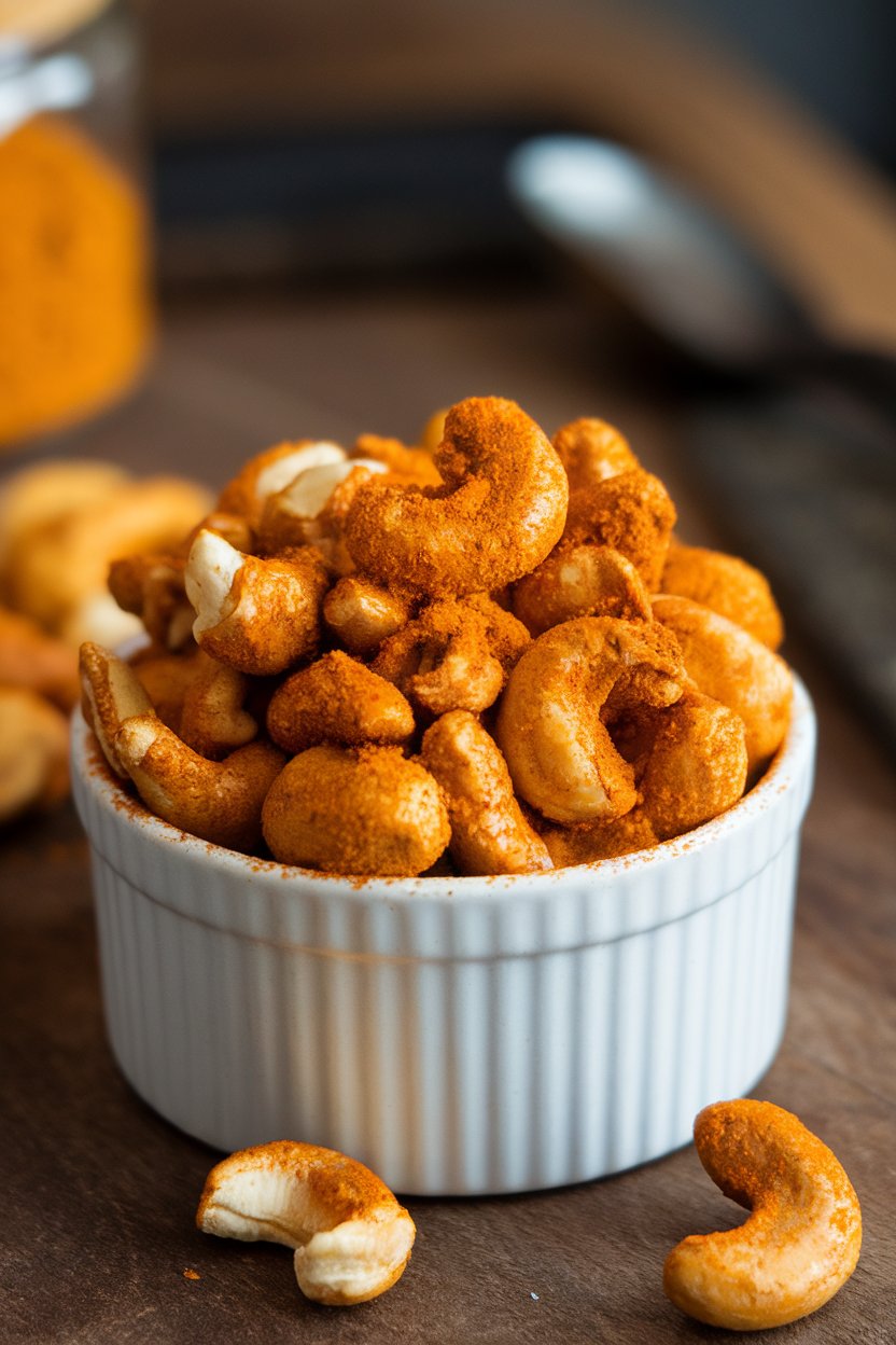 Indoor ramekin of golden roasted cashews coated in curry spices, no text or logos