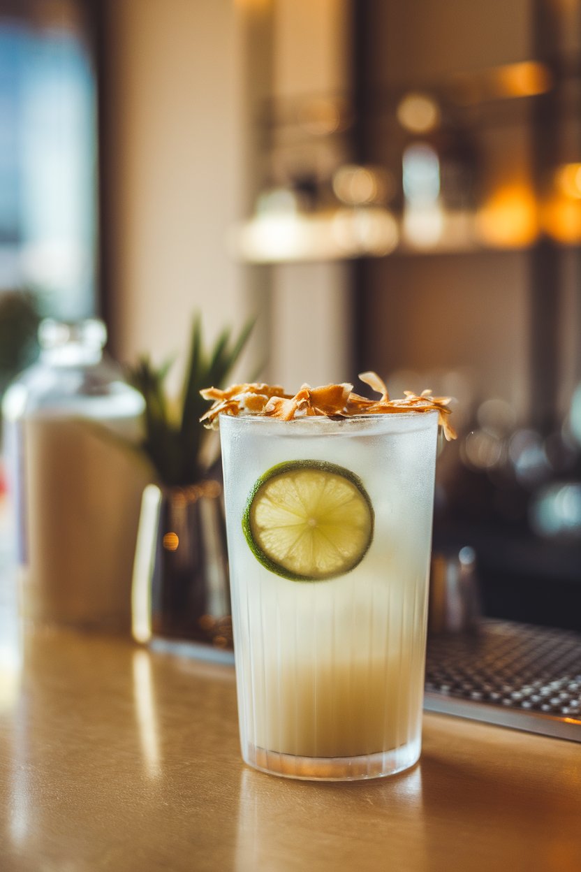 Indoor bar top showing a tall frosted glass of milky white drink, lime wheel inside, toasted coconut flakes on rim. No text or logos.