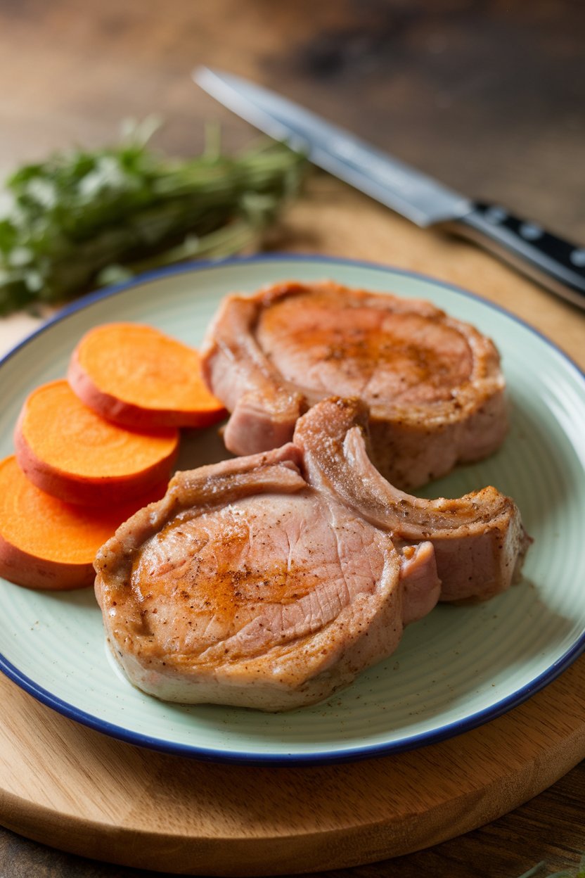 Plate featuring pork chops with tender sweet potato rounds in light spice glaze, no text or logos.