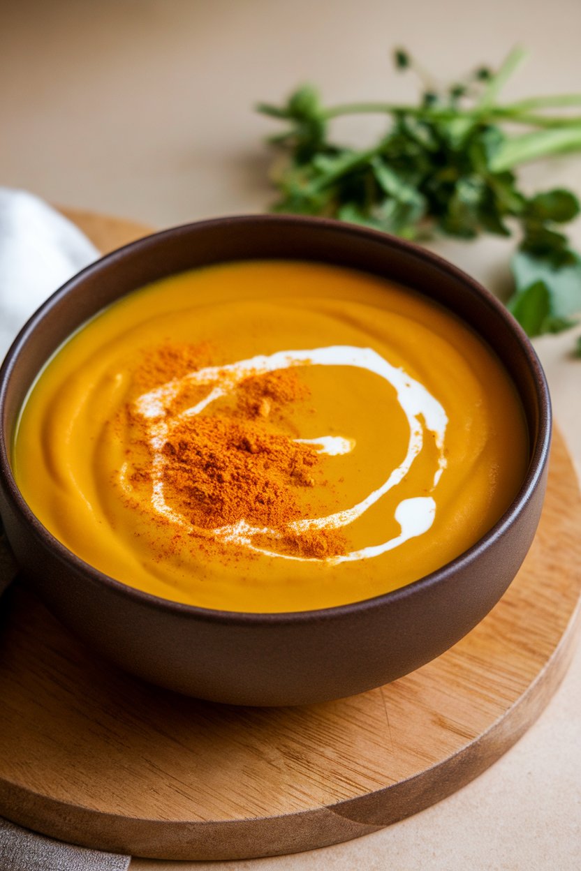 Indoor image of silky butternut squash soup, curry powder dusting on top and swirl of coconut cream. No text or logos. Photo.