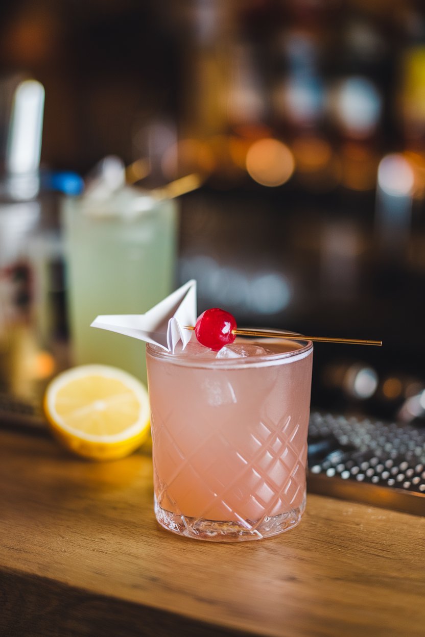An indoor cocktail bar surface featuring a coupe of blush-pink Paper Plane, tiny folded paper plane garnish nearby, no text or logos. Photo only.