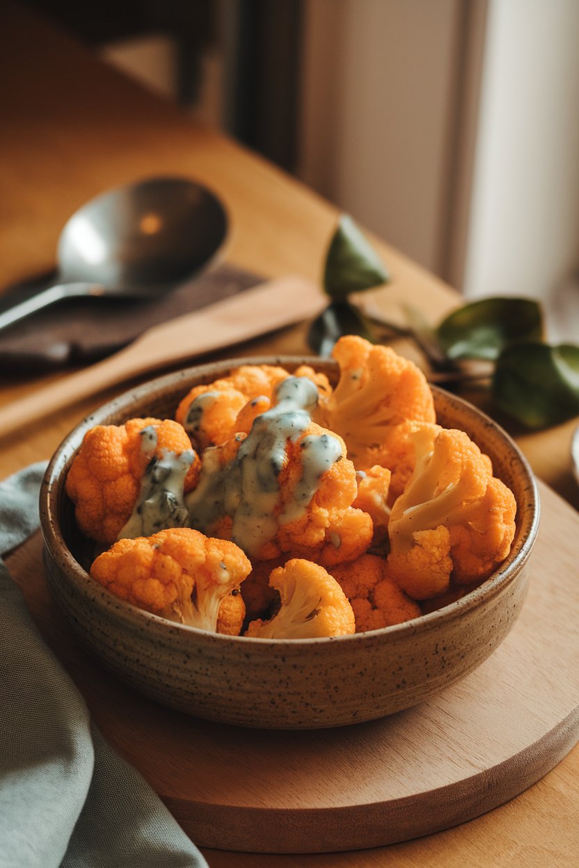 A ceramic bowl on an indoor table filled with baked buffalo cauliflower florets, thin drizzle of blue cheese sauce; no branding in scene.