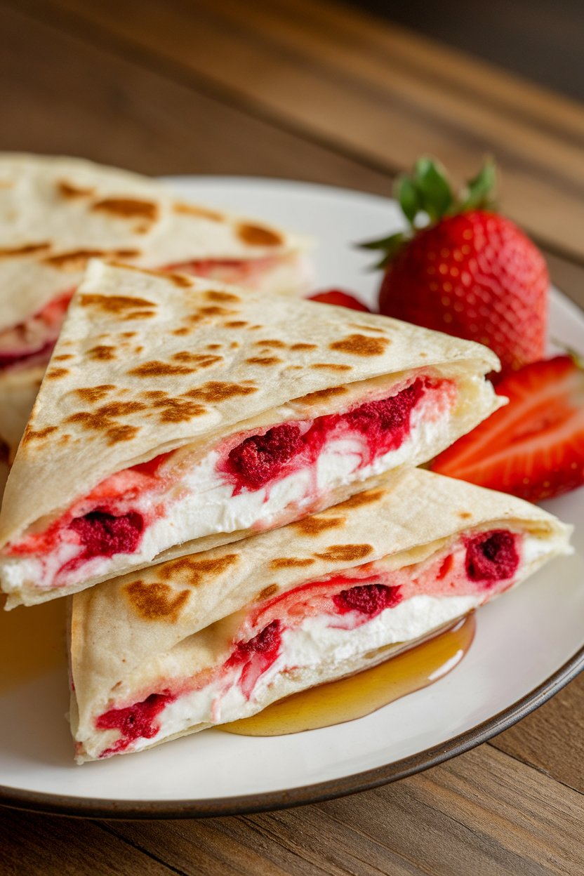 Indoor scene of strawberry-cheesecake quesadilla wedges with cream-cheese filling and berry swirls, no logos.