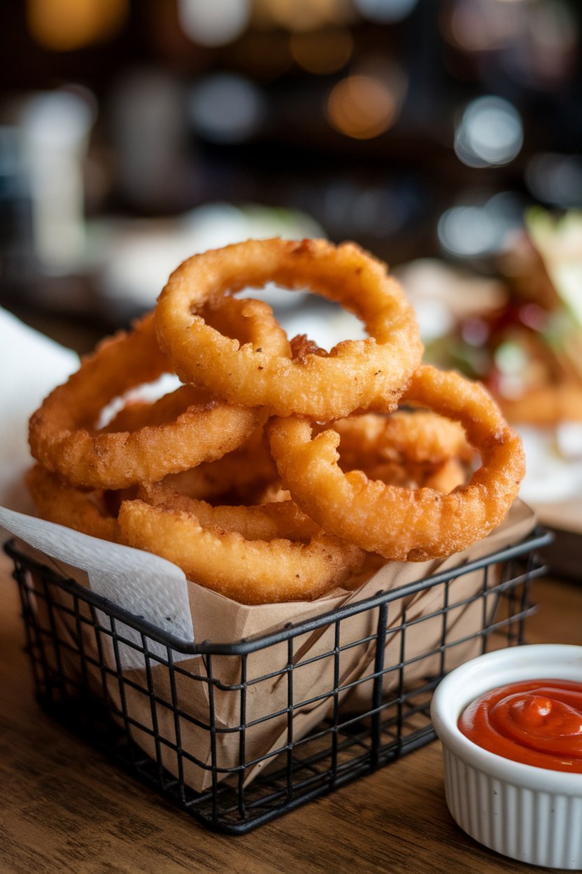 Indoor pub-style basket piled with thick onion rings, golden and airy, ramekin of spicy ketchup nearby. No text or logos.