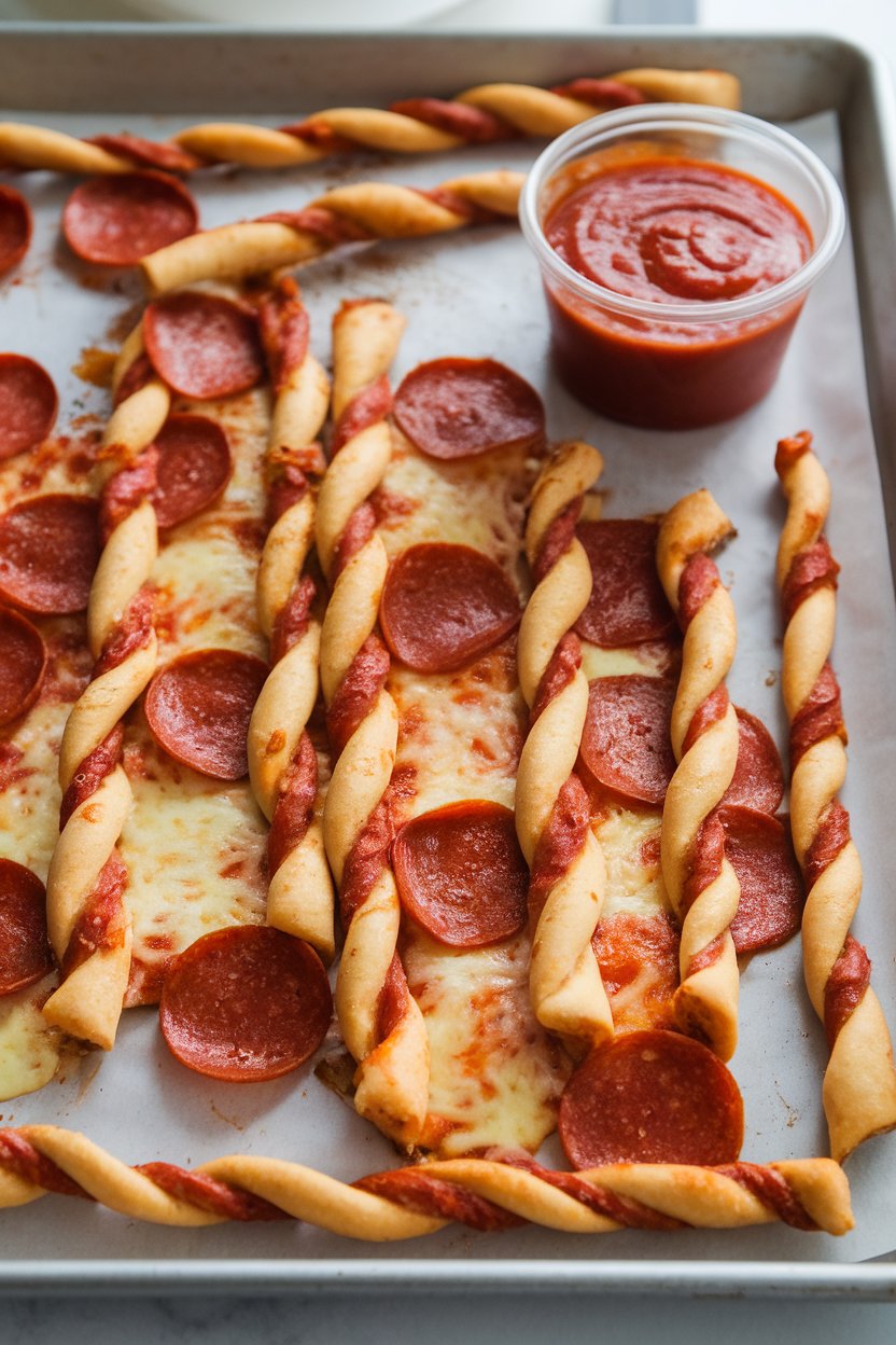 Sheet pan indoors featuring twisted pizza-dough breadsticks dotted with pepperoni and melted cheese, marinara cup on the side. No text or logos.