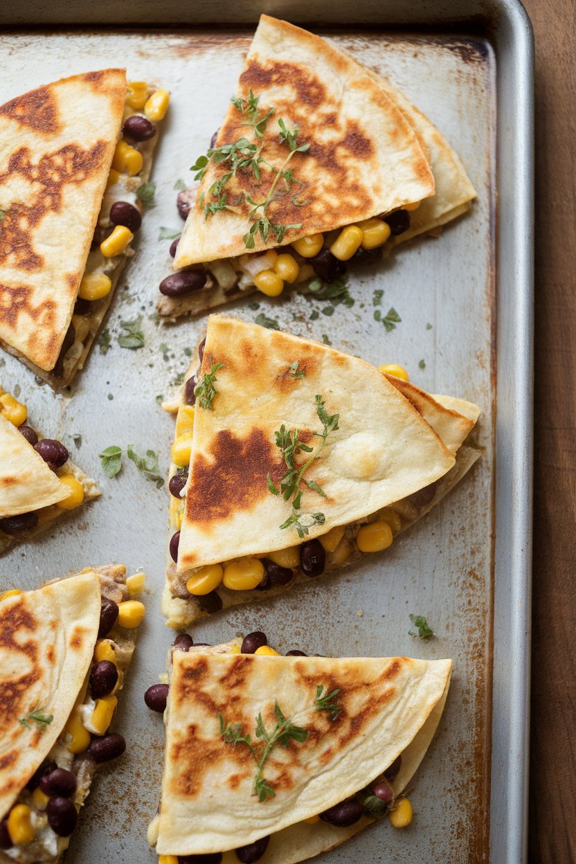 Indoor photo of vegetarian quesadilla triangles with visible black beans, corn kernels, and melted cheese on a sheet pan, no text or logos.