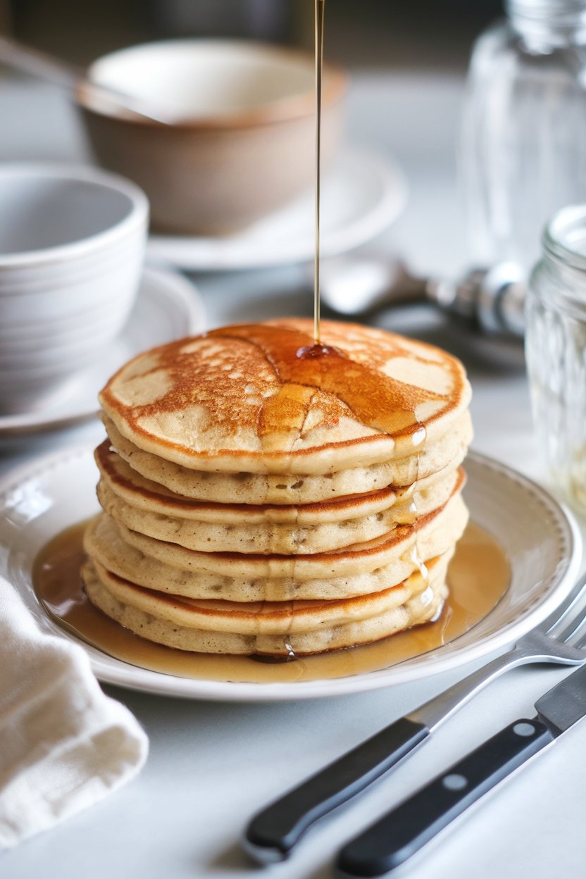An indoor brunch setting displaying a stack of golden cottage-cheese banana pancakes drizzled with a little maple syrup; no text or logos. Photo only.