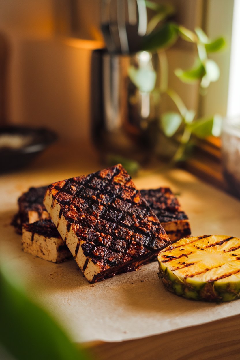 Photo prompt: Warmly lit countertop with tofu slabs coated in dark jerk spices and grill marks, a slice of grilled pineapple nearby. No text or logos.