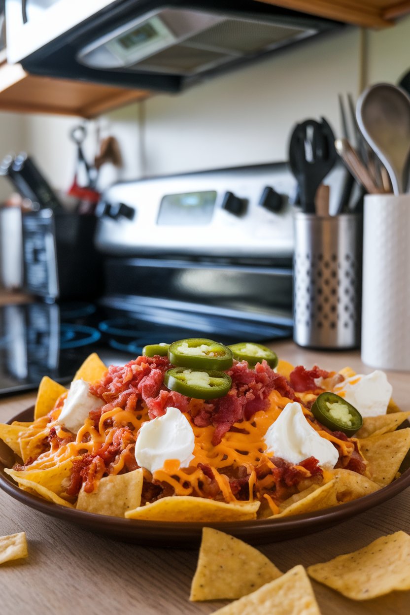 An indoor kitchen scene of nachos topped with cream cheese dollops, minced bacon, sliced jalapeños, melted cheddar; no text or logos, photo not illustration.