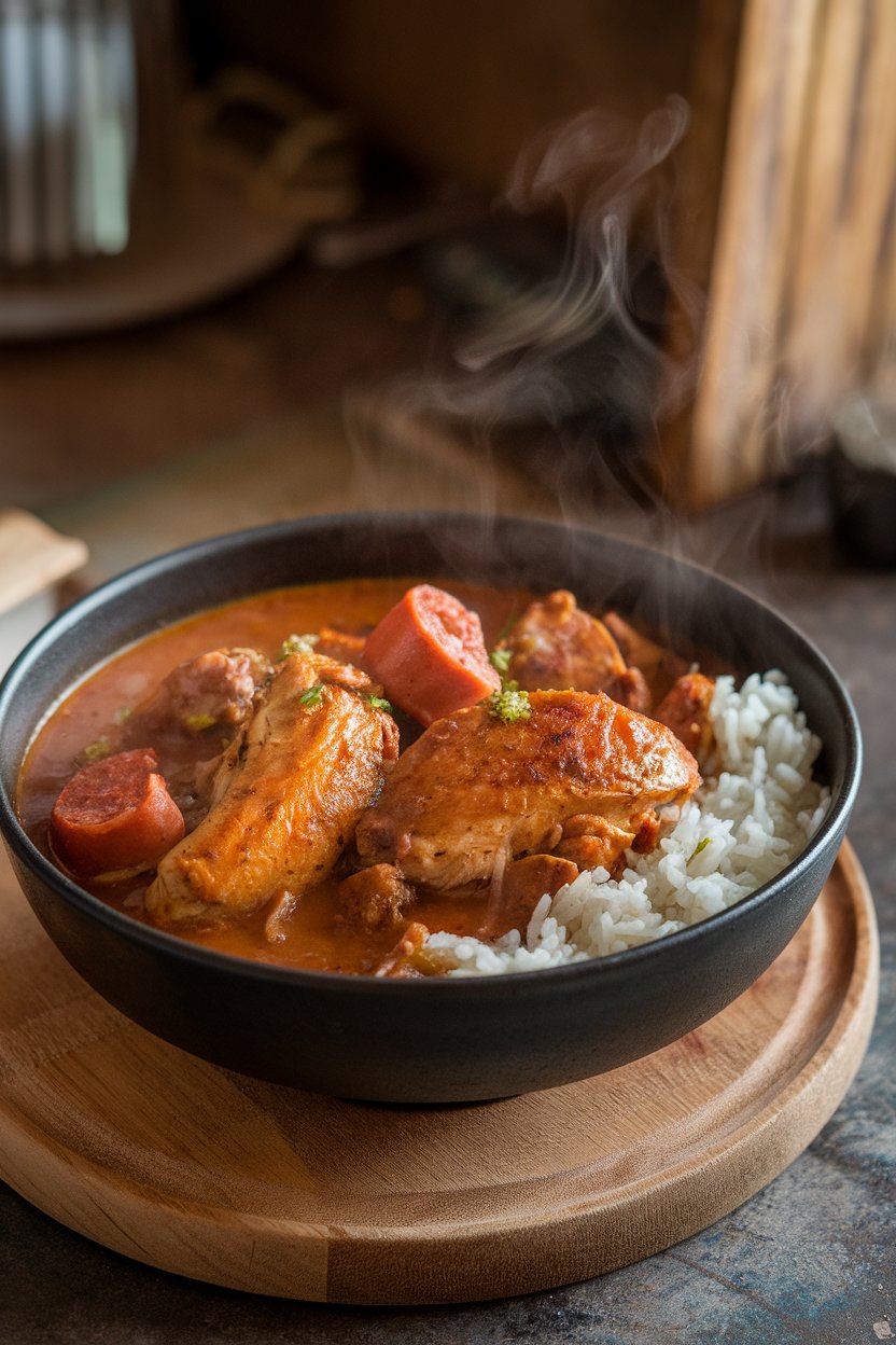 An indoor soup bowl filled with dark roux gumbo containing chicken and andouille sausage over white rice; steam visible. No text or logos. Photo.