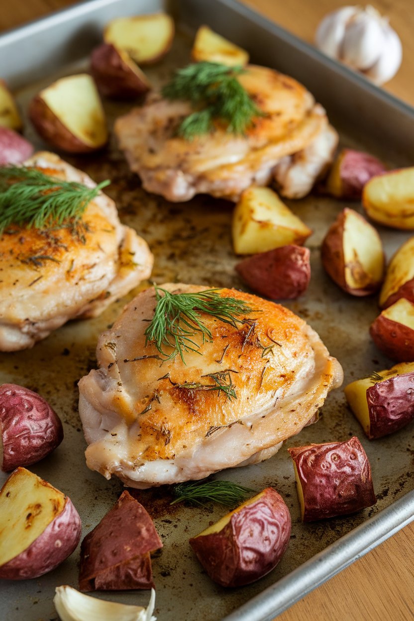 Indoor photo of golden chicken thighs sprinkled with dill, roasted red-skinned potato cubes scattered on a sheet pan, garlic cloves visible. No text or logos.
