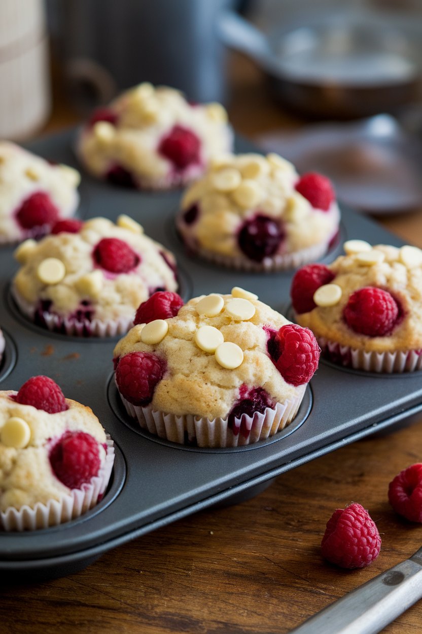 Indoor photo of fluffy muffins bursting with raspberries and white chocolate chips in a muffin tin, no text or logos