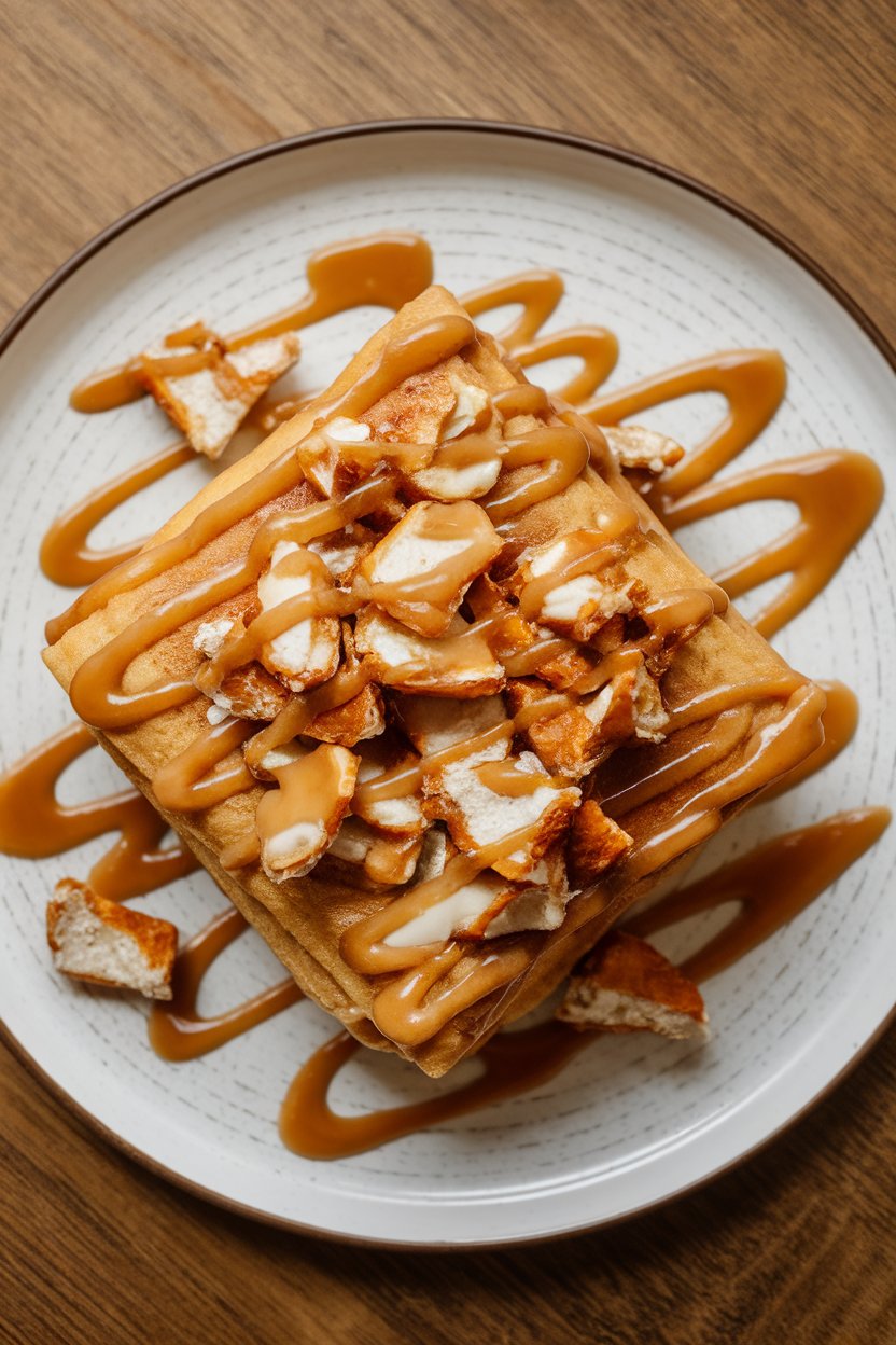 Pancake square topped with broken pretzel pieces and caramel drizzle, indoor dessert plate, no text or logos.