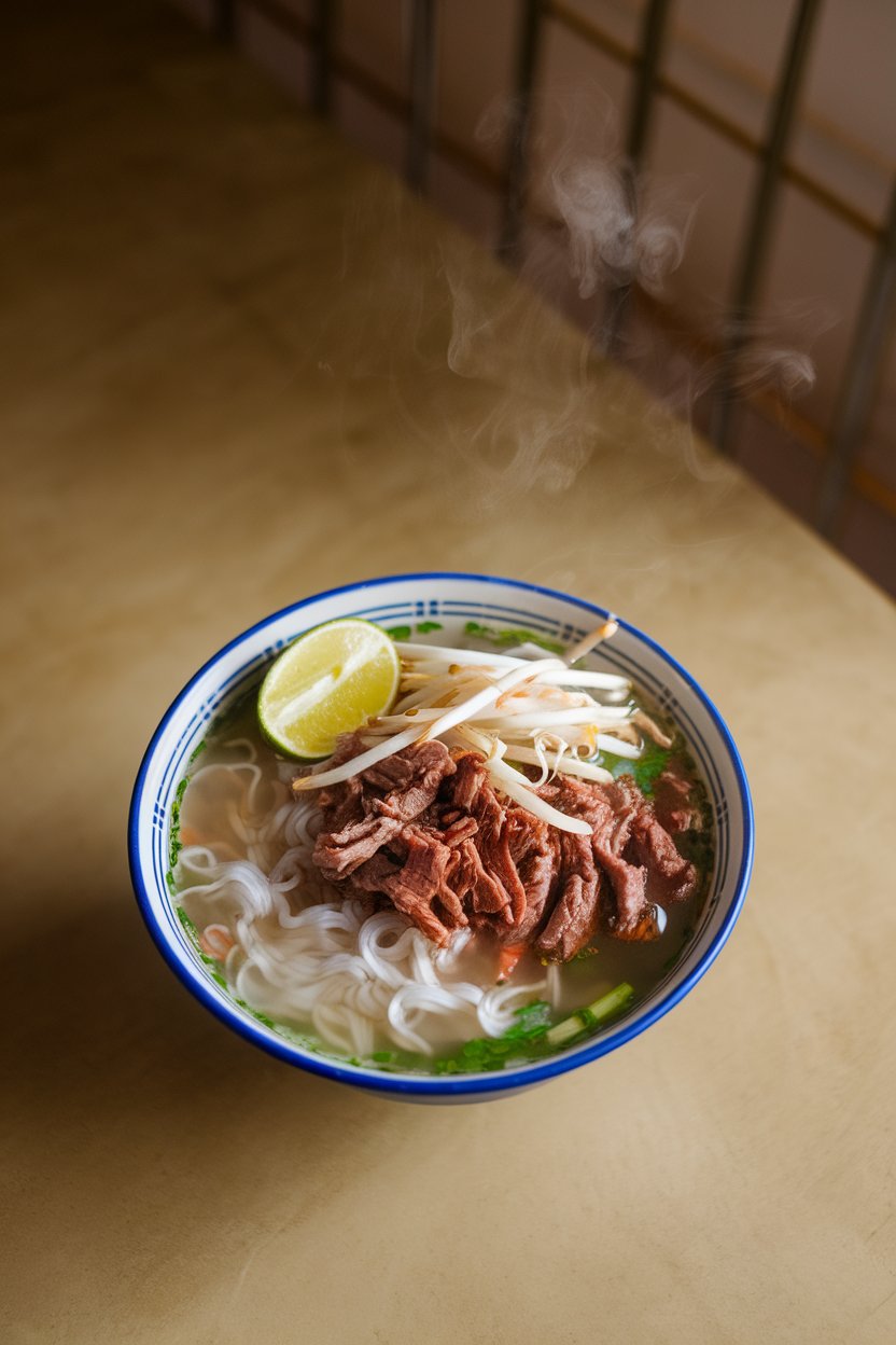 Indoor tabletop with a bowl of pho-style soup—rice noodles, shredded beef, bean sprouts, and lime wedge, steam rising. No text or logos. Photo.