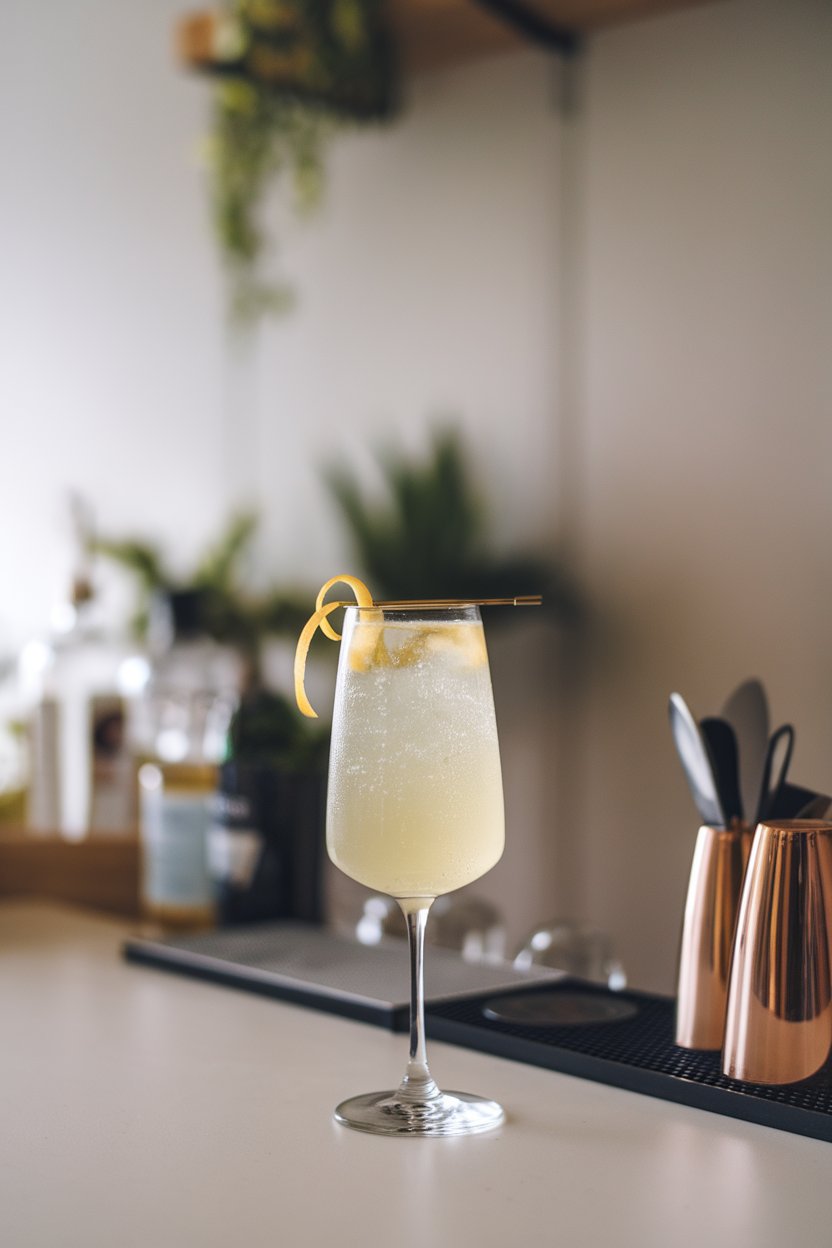 Indoor minimalist bar with a stemmed glass of pale yellow bubbly drink, thin yuzu peel twist. No text or logos.