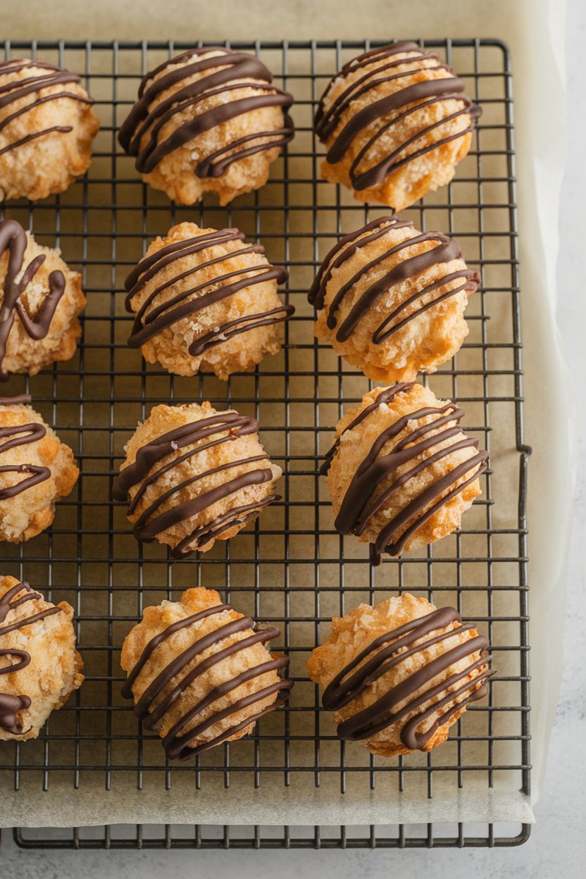 Indoor cooling rack with golden coconut macaroons drizzled messily with dark chocolate, parchment underneath. No text or logos; photo, not illustration.
