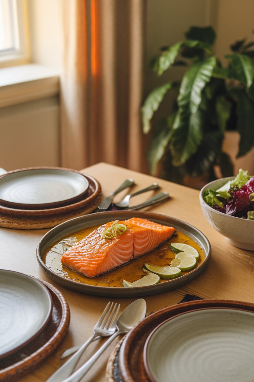 An indoor dining room table set with a cooked salmon fillet glazed in honey-lime sauce, garnished with lime zest. No visible text or logos.