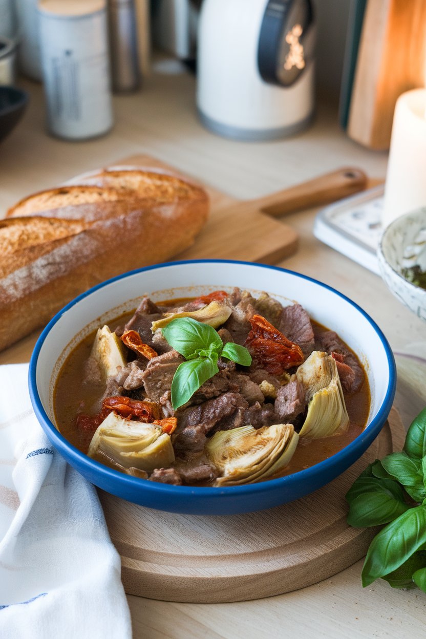Indoor Italian kitchen table with a bowl of beef stew containing artichoke hearts and sun-dried tomatoes, garnished with basil. No text or logos. Photo.