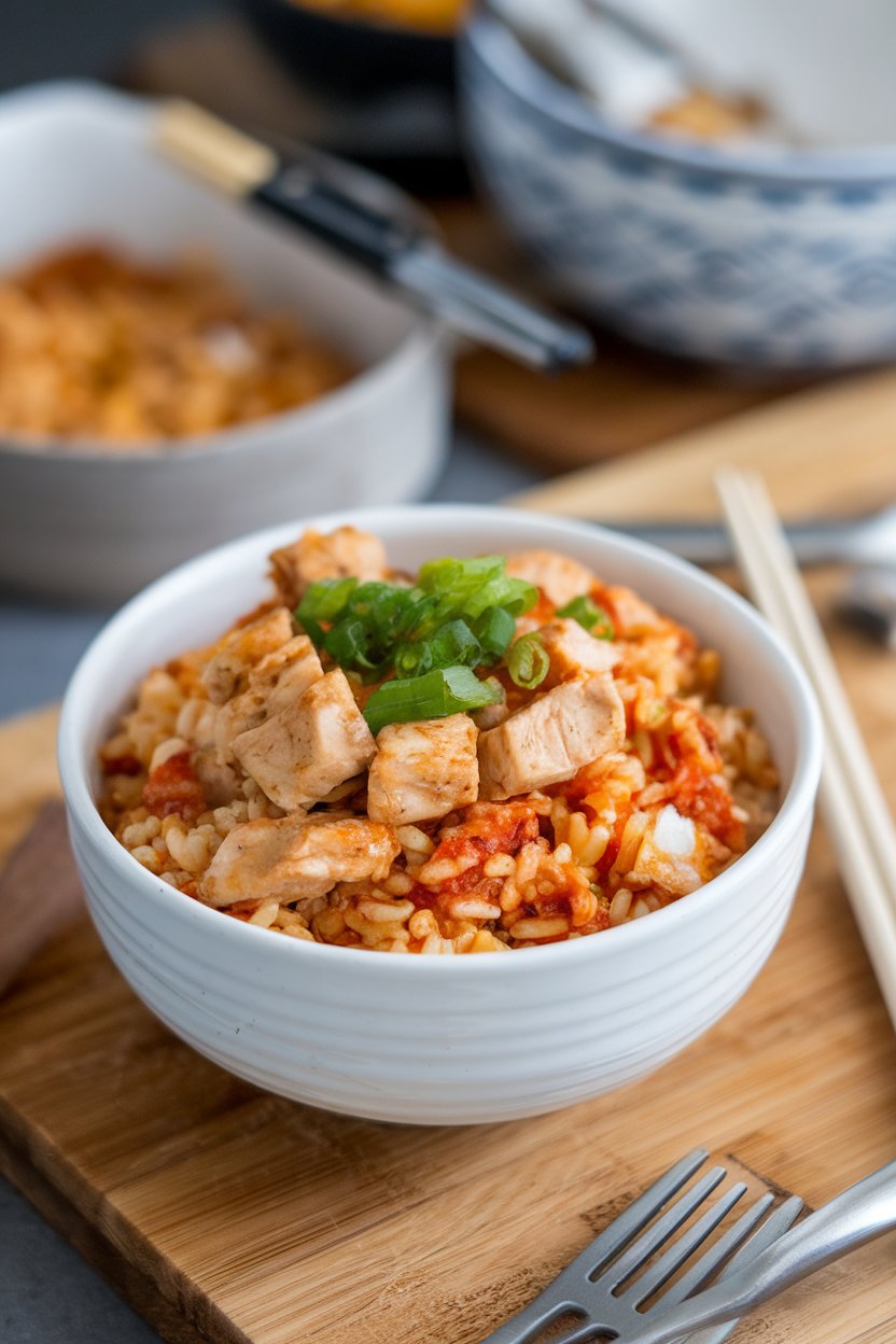 Indoor photo of a meal-prep bowl filled with kimchi fried rice, diced chicken breast, and green onion garnish, no text.