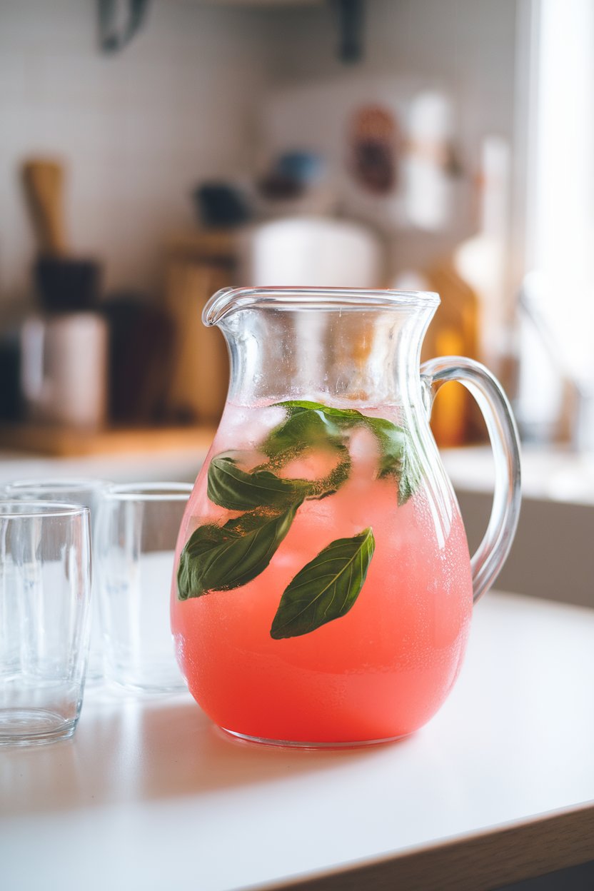 An indoor pitcher on a bright kitchen table filled with pink lemonade, basil leaves visibly floating; photo, not illustration; no text or logos.