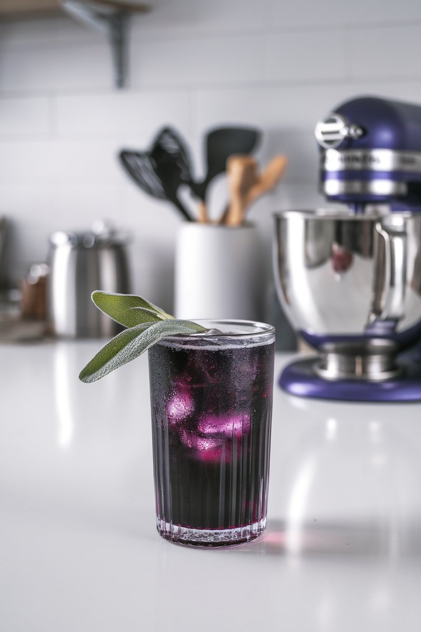 Indoor modern kitchen with collins glass of deep violet soda, fresh sage leaf on top, no logos.