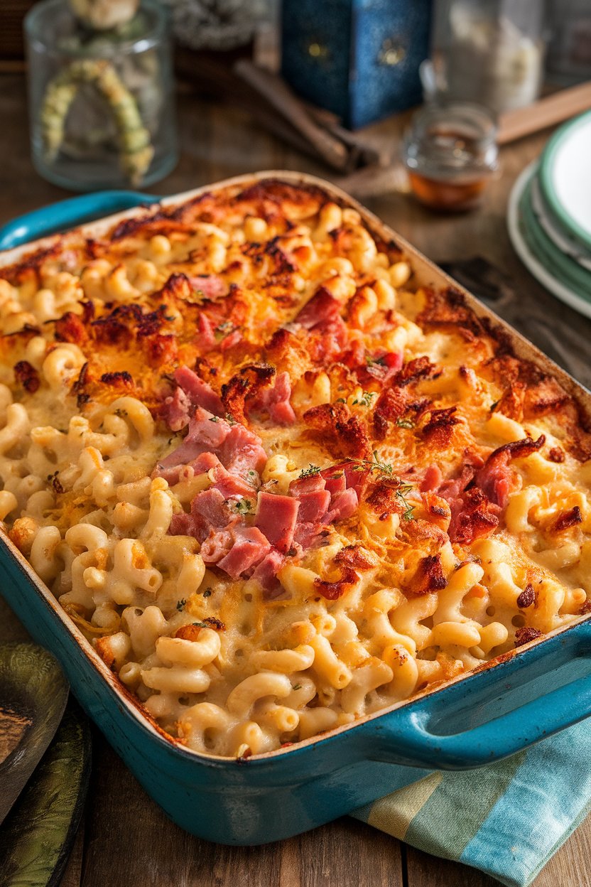 Indoor casserole dish bubbling with creamy macaroni and cheese dotted with smoky tasso ham pieces, browned top layer. Photo, no text or logos.