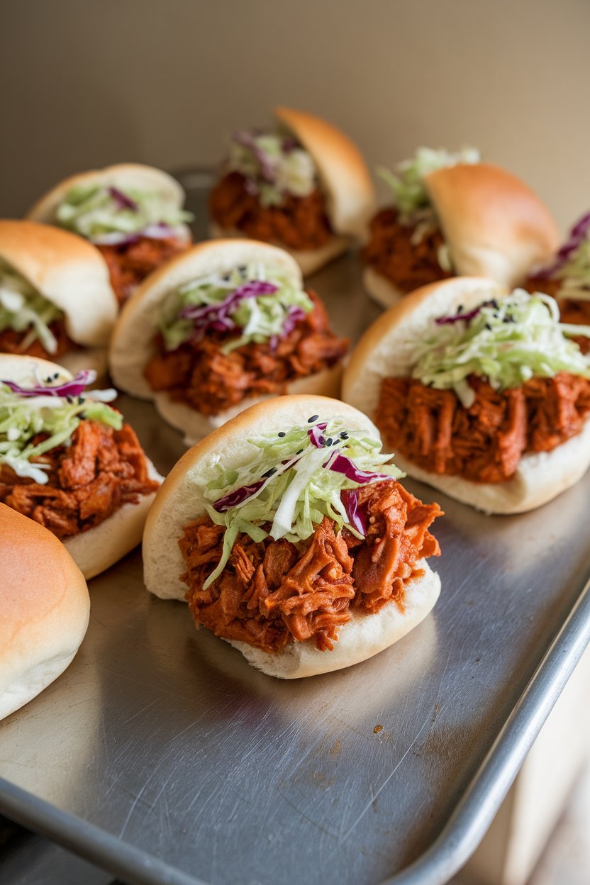 Indoor photo of small buns filled with saucy pulled jackfruit topped with crunchy slaw, arranged on a metal tray. No text or logos.