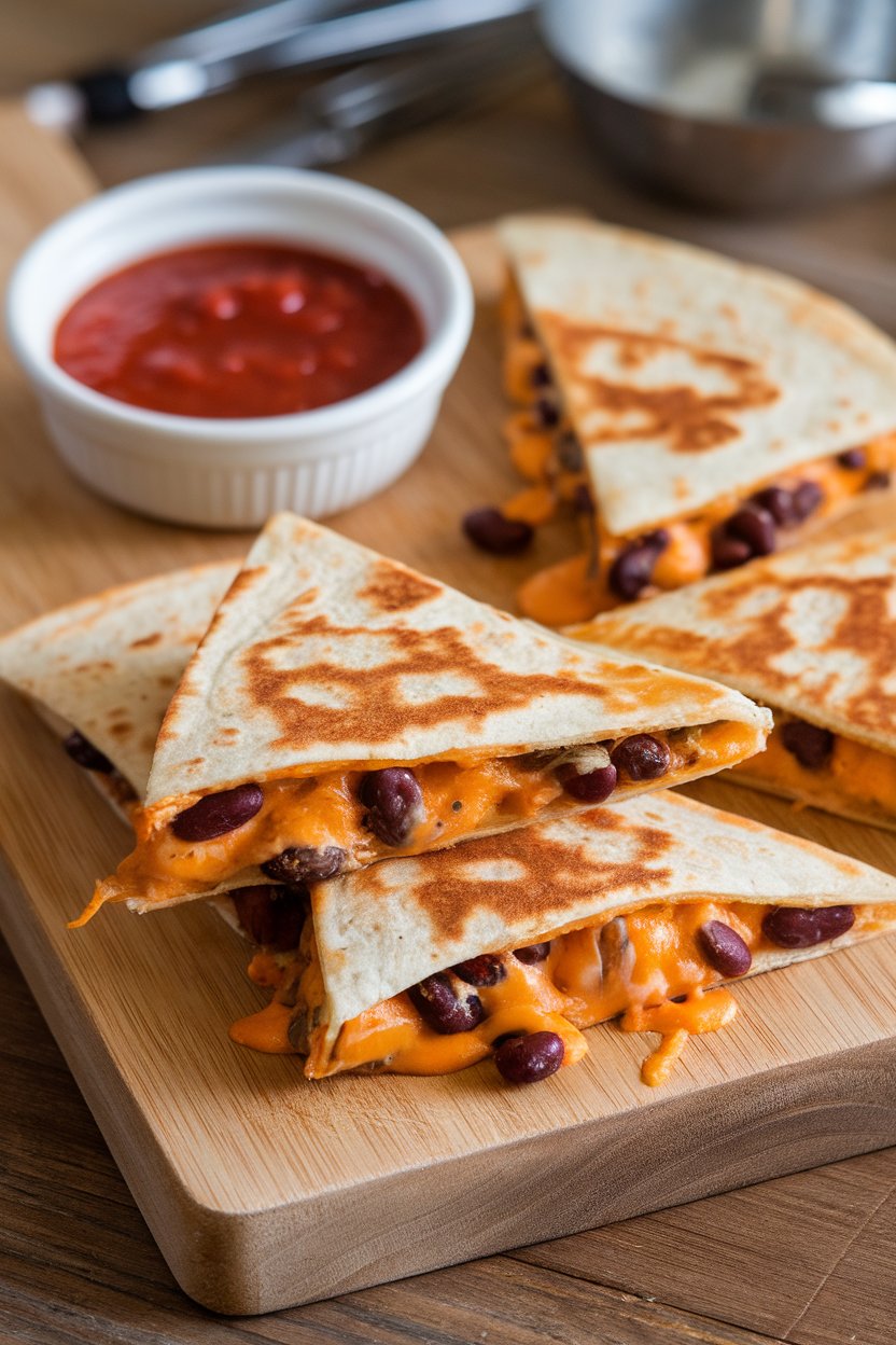 Indoor cutting board with triangular quesadilla wedges oozing cheese and black beans, a bowl of salsa on the side. No logos or text.
