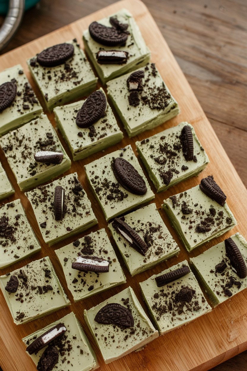 An indoor cutting board with square pieces of green-tinted white chocolate fudge studded with crushed Oreo cookies, no text or logos. Photo only.