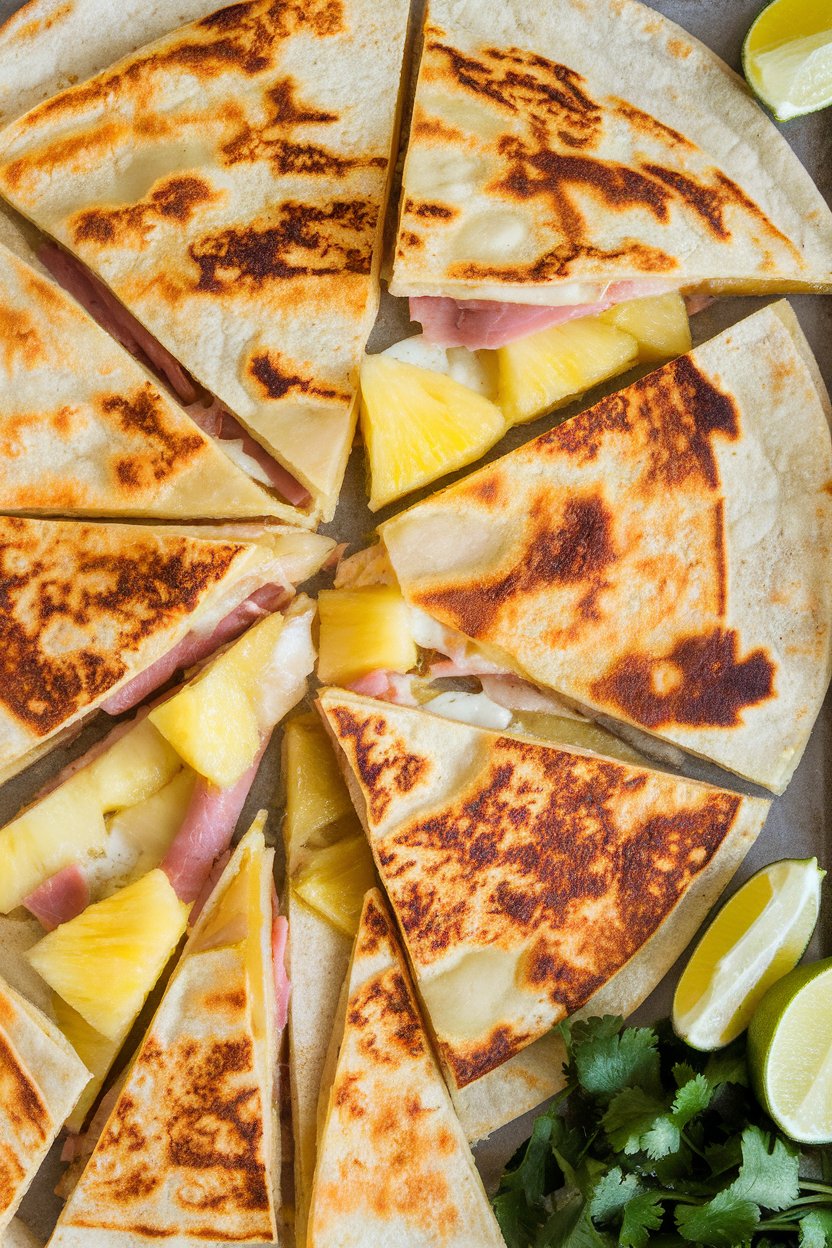 Sheet pan filled with ham-and-pineapple quesadilla wedges, cheese melted around pineapple chunks, no text or logos. Indoor photo.