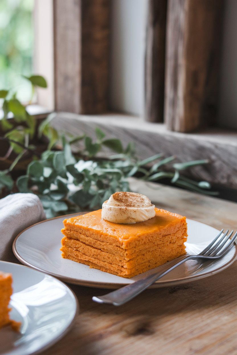 Orange-hued sweet potato pancake square topped with a dollop of cinnamon butter, indoor farmhouse table, no text or logos.