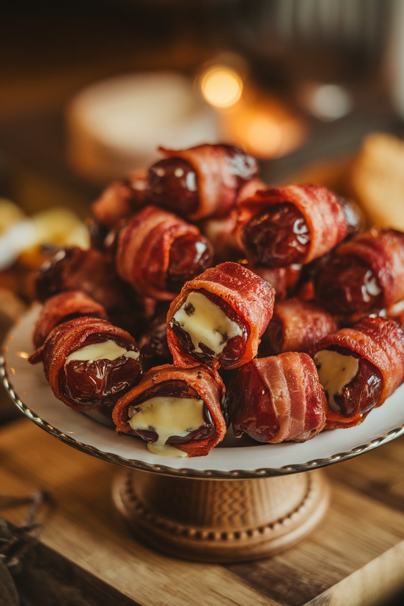 An indoor serving plate of glossy bacon-wrapped dates secured with toothpicks, some cut open to reveal melted cheese inside—no text or logos. Photo, not illustration.