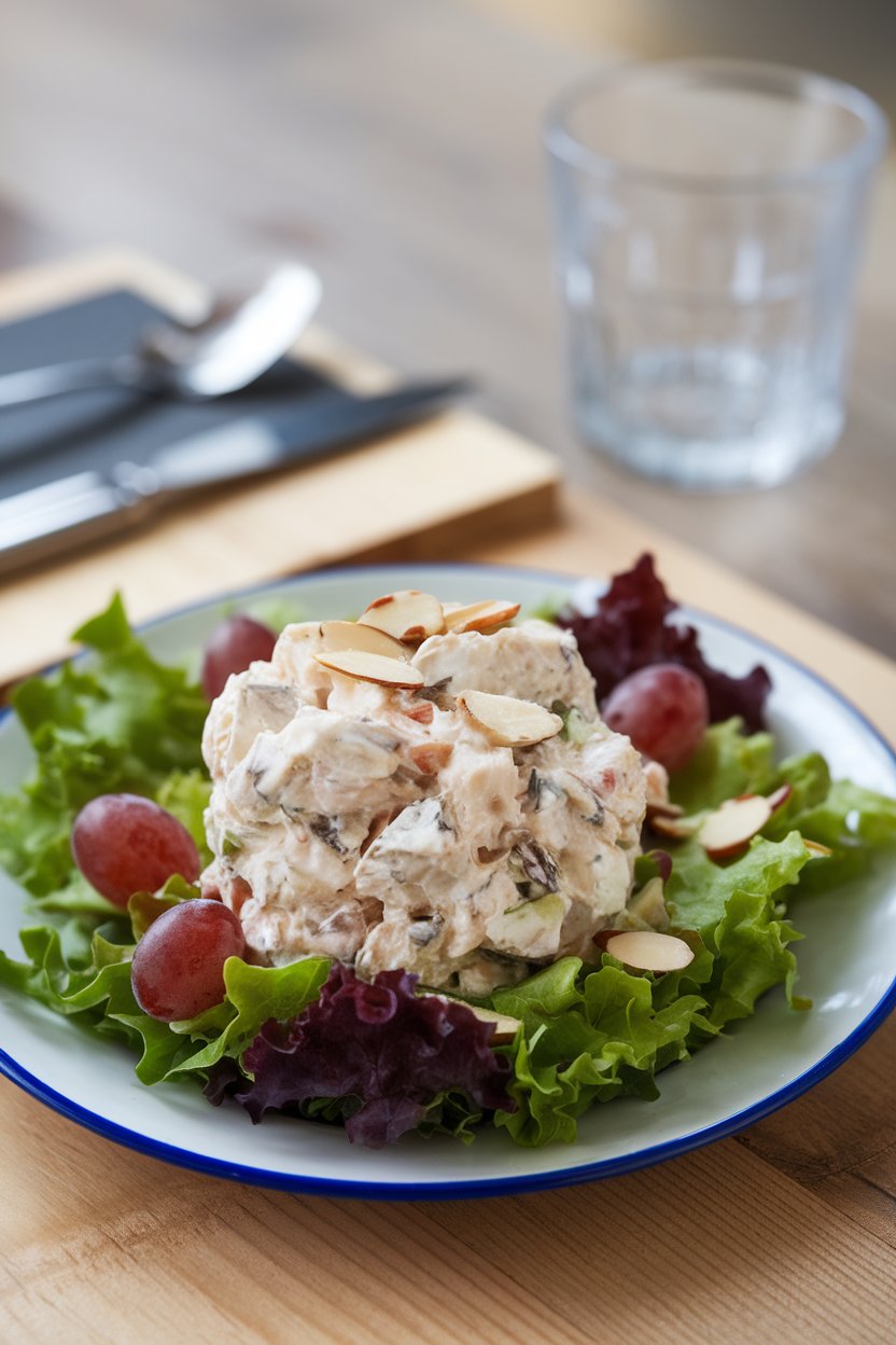 An indoor lunch plate featuring a scoop of chicken salad made with Greek yogurt, grapes, and sliced almonds on mixed greens; no text or logos. Photo only.