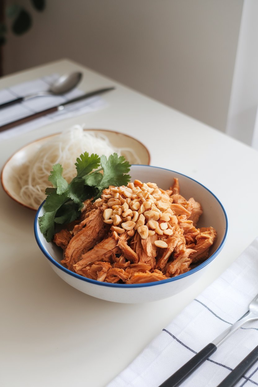 An indoor table featuring a bowl of shredded peanut chicken topped with chopped peanuts and cilantro, served with rice noodles. No logos or text. Photo.