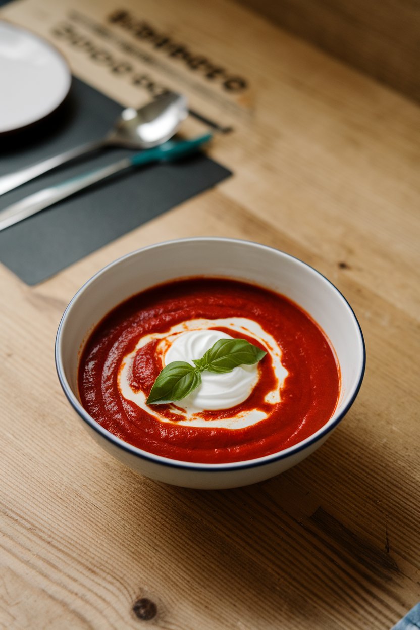 Indoor bowl of vibrant red soup topped with a swirl of Greek yogurt and basil leaf. No text or logos visible.