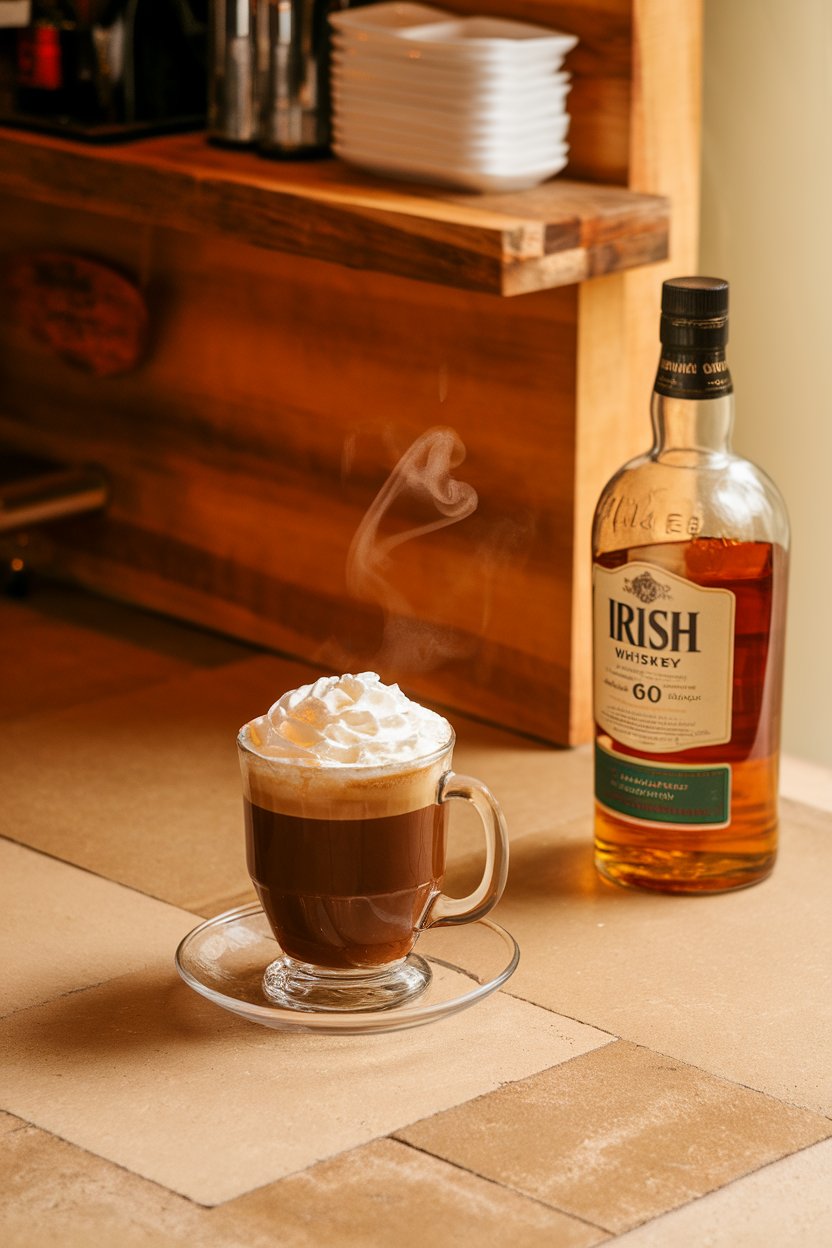 Warmly lit indoor coffee station featuring a clear glass mug of steaming coffee topped with whipped cream and a bottle of Irish whiskey nearby, label turned away. Photo only, no text.